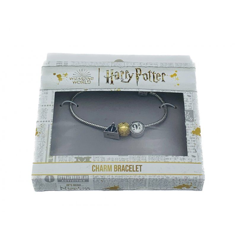 Harry Potter - Bracelet à breloques Charms argenté avec les reliques de la mort, Vif d'or et Voie 9 3/4 - 17cm