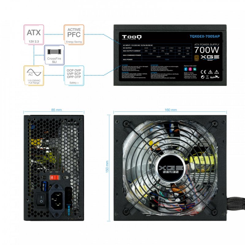 TooQ TQXGEII-700SAP unité d'alimentation d'énergie 700 W 20 4 pin ATX ATX Noir