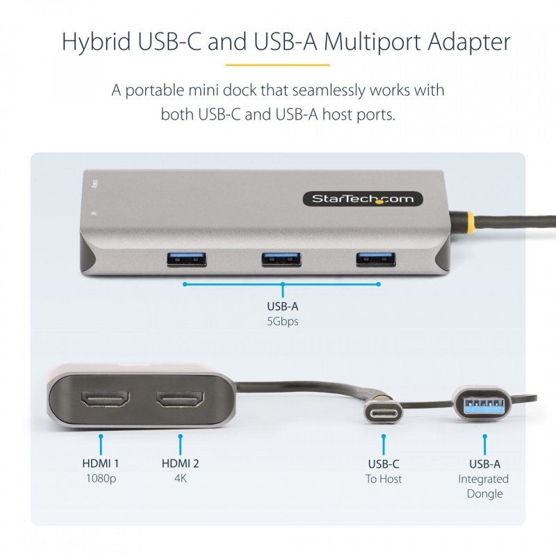 StarTech.com Adaptateur Multiport USB-C avec Dongle USB-C vers USB-A, Double HDMI (4K30Hz/1080p60Hz), 3x USB-A 5Gbps,