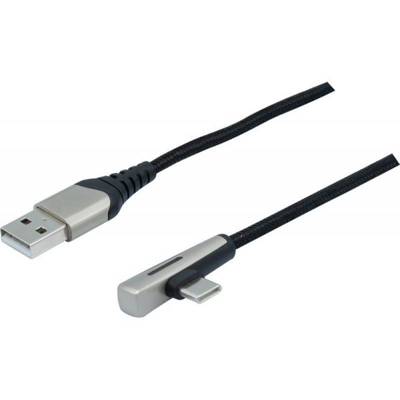 USB A to Type C LED braid cable angled , USB 2.0. PD 60W-2m