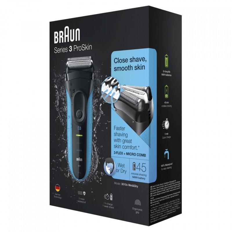 Braun Series 3 3010 Wet & Dry Rasoir à grille Tondeuse Noir, Bleu