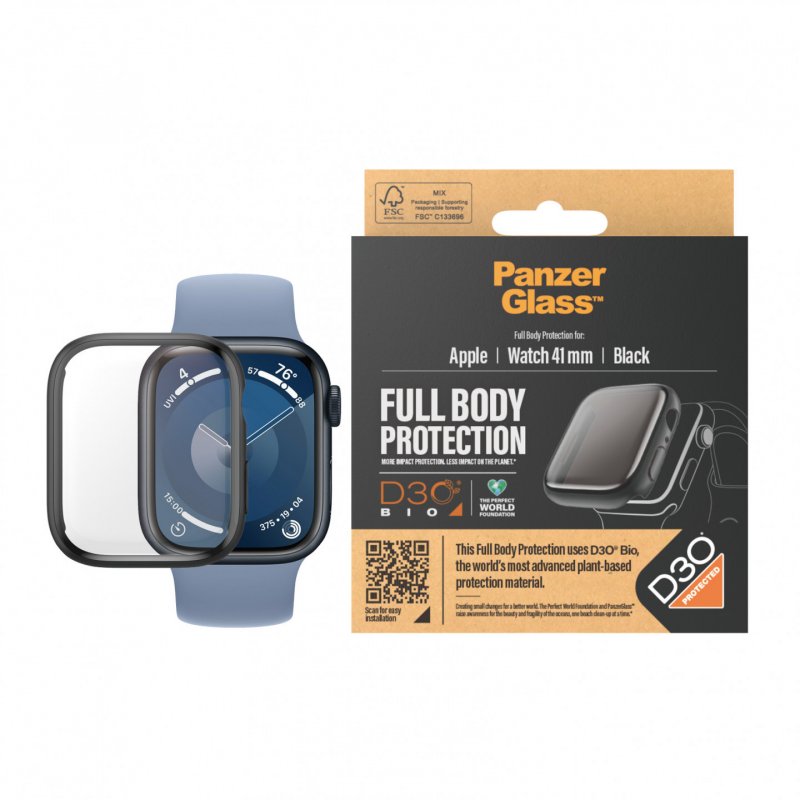 PanzerGlass Screen Protector Full Body Apple Watch Series 9 with D3O | 41mm | Black
