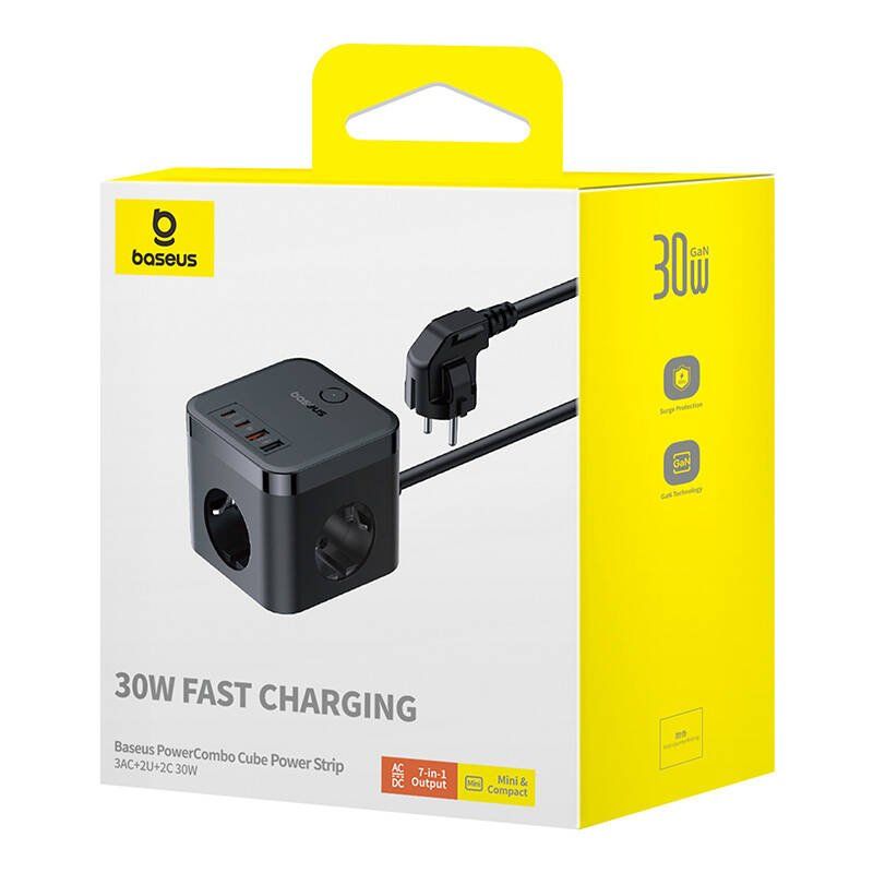 Wall charger Baseus PowerCombo 3AC 2U 2C 30W, 1.5m (black)