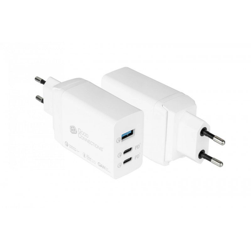 USB-Schnellladegerät 65W mit GaN-Technologie 3-Port 2xUSB-C USB-A PD3,0 QC3,0 GoodConnections White