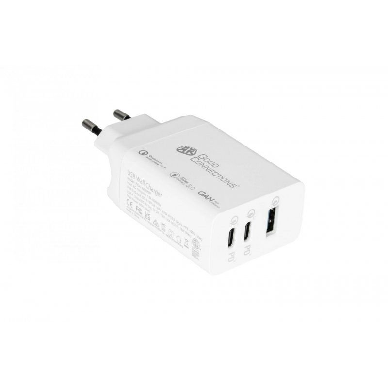 USB-Schnellladegerät 65W mit GaN-Technologie 3-Port 2xUSB-C USB-A PD3,0 QC3,0 GoodConnections White
