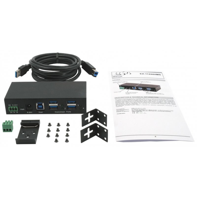 EX-1244HMS Hub 4 ports USB 3.2 Gen 1 Kit rail Din et mur VIA VL813 Chipset