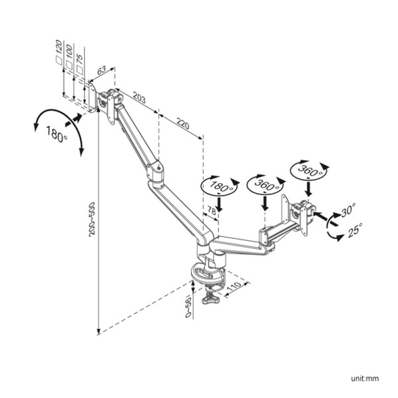 ROLINE Support double LCD pneumatique, 2 articulations, pivot