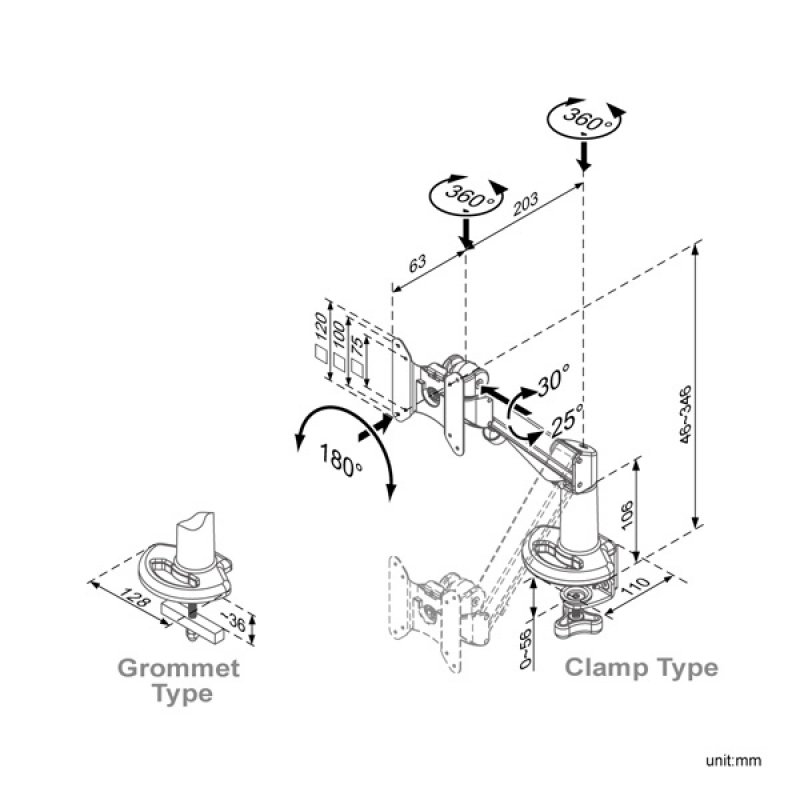 ROLINE LCD Monitor Stand Pneumatic, Desk Clamp, Pivot 1 Joint
