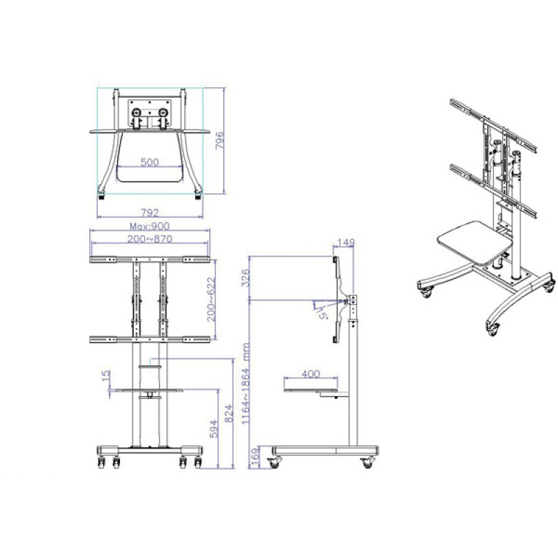 Value LCD/TV Mobile Cart, heavy weight (up to 125kg)