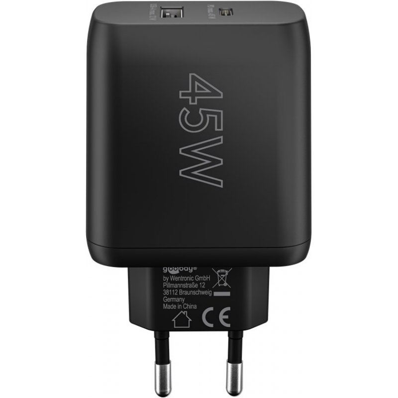 USB-C PD Dual-Schnellladegerät 45 Watt (schwarz, 1x USB-A, 1x USB-C PD, GaN-Technologie)