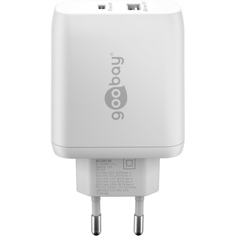 USB-C PD Dual-Schnellladegerät 45 Watt (weiß, 1x USB-A, 1x USB-C PD, GaN-Technologie)