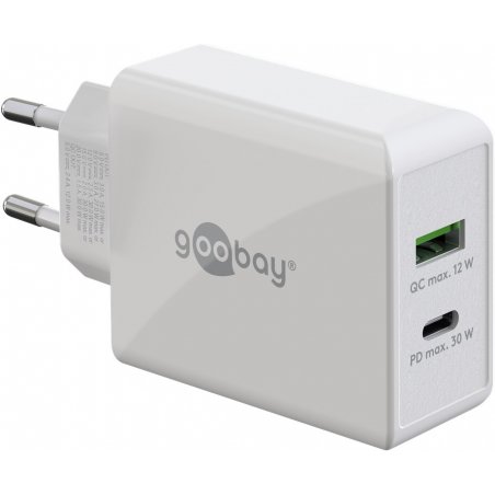 USB-C PD Dual-Schnellladegerät 30 Watt (weiß, 1x USB-A, 1x USB-C PD)
