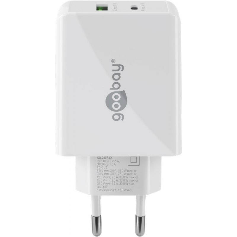 USB-C PD Dual-Schnellladegerät 30 Watt (weiß, 1x USB-A, 1x USB-C PD)