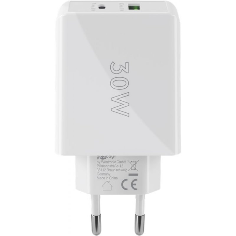 USB-C PD Dual-Schnellladegerät 30 Watt (weiß, 1x USB-A, 1x USB-C PD)