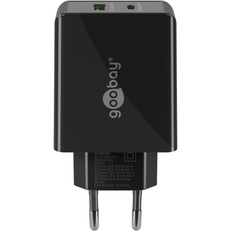 USB-C PD Dual-Schnellladegerät 30 Watt (schwarz, 1x USB-A, 1x USB-C PD)