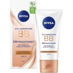 NIVEA 5 IN 1 Day Care BB 24h Moisture SPF 15 Tinted Cream for Medium to Dark Skin Types with Organic Jojoba Oil and