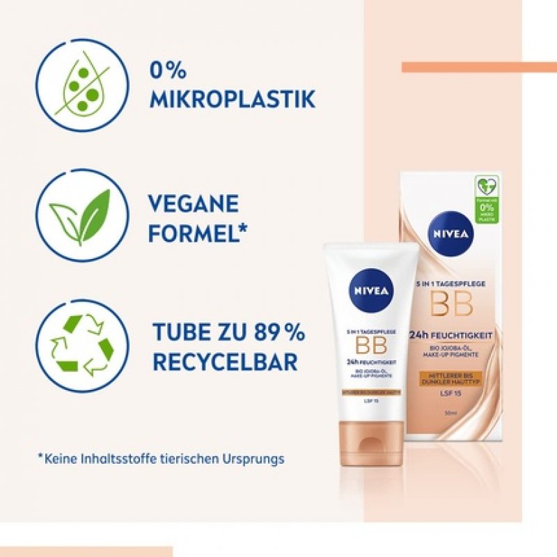 NIVEA 5 IN 1 Day Care BB 24h Moisture SPF 15 Tinted Cream for Medium to Dark Skin Types with Organic Jojoba Oil and