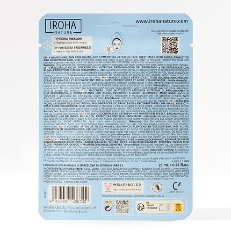 Iroha Nature Aftersun Face Mask with Algae, Probiotics, and Hyaluronic Acid - Nourishes and Prolongs Tan - Hydrated,