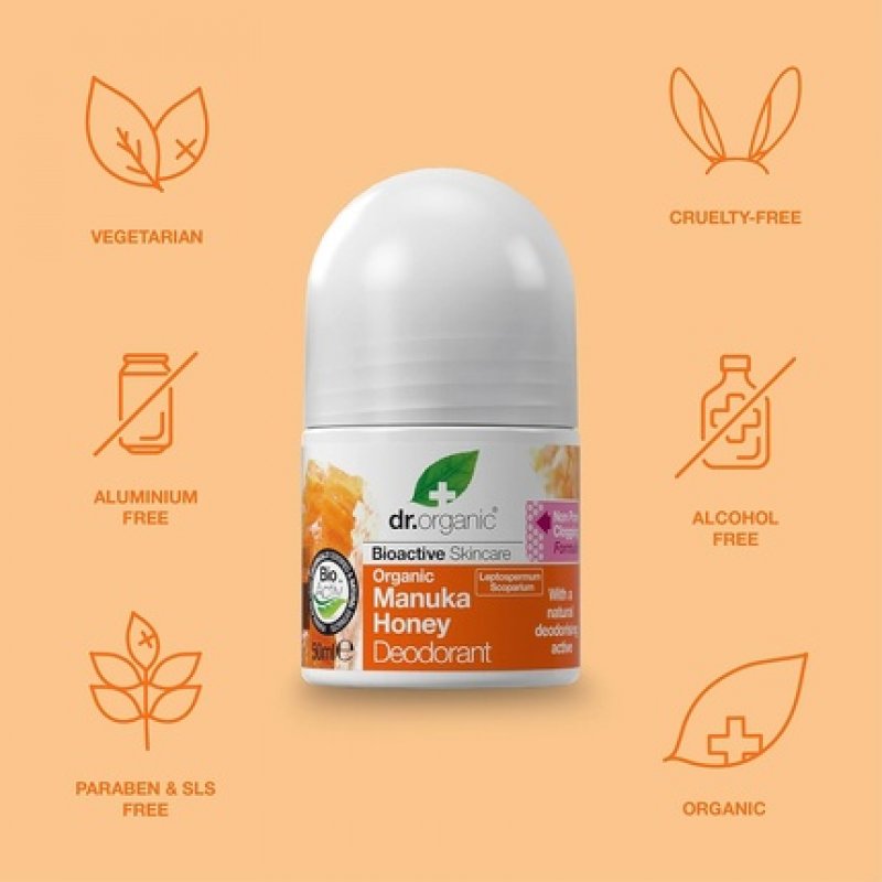 Dr Organic Manuka Deodorant Natural Vegetarian Cruelty Free Paraben & SLS Free Aluminium Free 50ml Manuka Honey