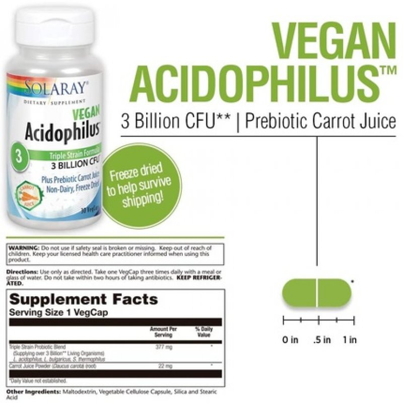Solaray Acidophilus 3 Strain Probiotic & Prebiotic Carrot Juice 30 VegCaps 3 Billion CFU