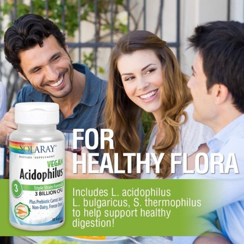 Solaray Acidophilus 3 Strain Probiotic & Prebiotic Carrot Juice 30 VegCaps 3 Billion CFU