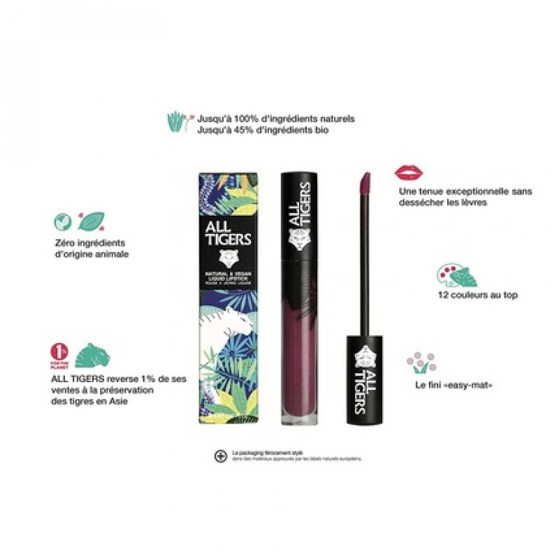 ALL TIGERS Feel The Power 980 Matt Vegan and Natural Liquid Lipstick - Long Lasting - Violet Color - Petroleum-Free