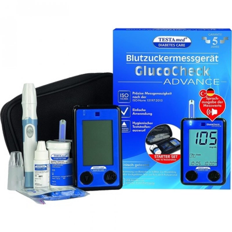TESTAmed Glucocheck Advance Blood Glucose Meter with Test Strips and Lancet Device - Optional Voice Output