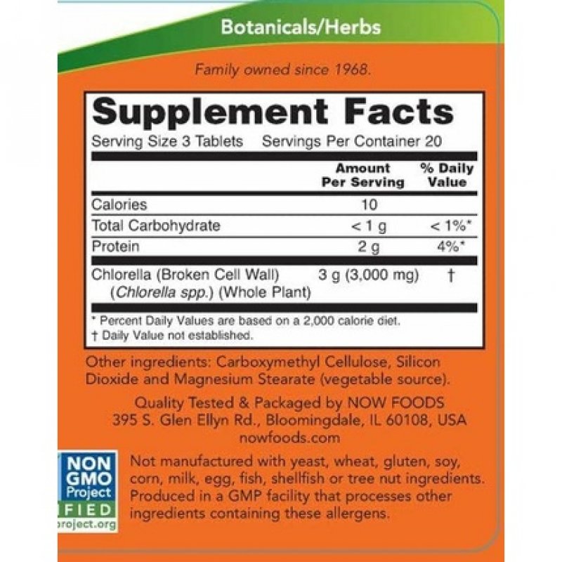 NOW Supplements Chlorella 1000mg with Chlorophyll Beta-Carotene and Vitamin C 60 Tablets