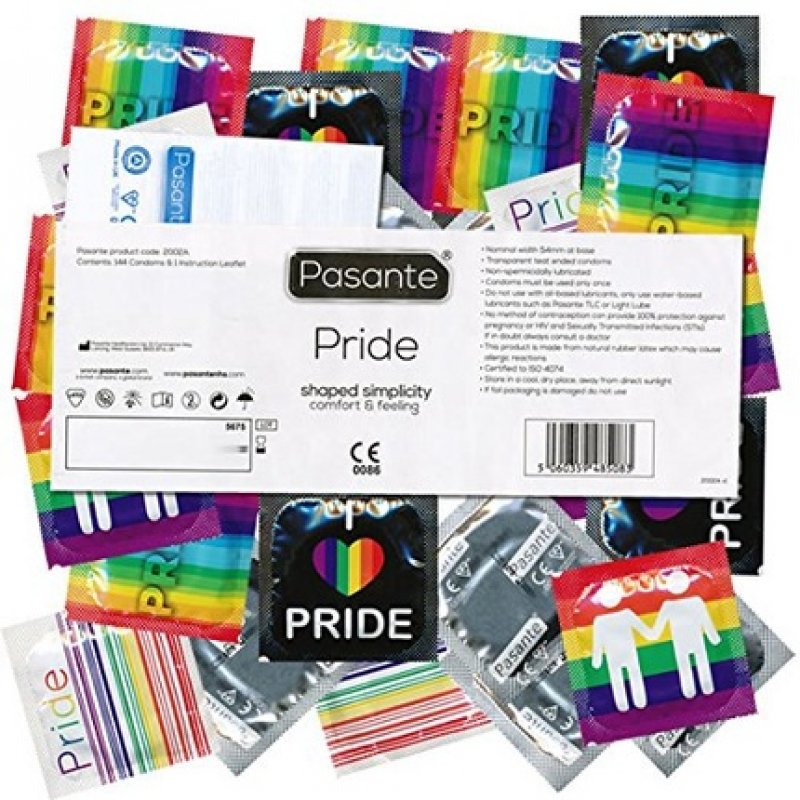 Pasante Pride Condoms Generous Comfort Shape Rainbow and Gay Pride Designs 144 Pieces - Pack of 144