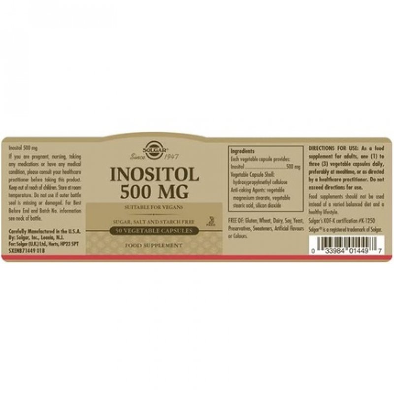 Solgar Inositol 500mg Vegetable Capsules Vitamin B8 50 Count