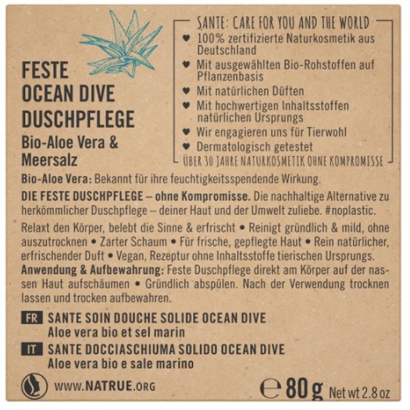 SANTE Naturkosmetik Ocean Dive Shower Soap with Organic Aloe and Sea Salt 80g