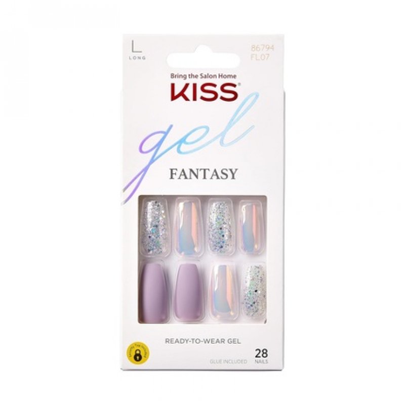KISS Gel Fantasy Collection Fake Nails Manicure Set Rainbow Rings Long Length Coffin Shaped Purple Gel Nails with Mini
