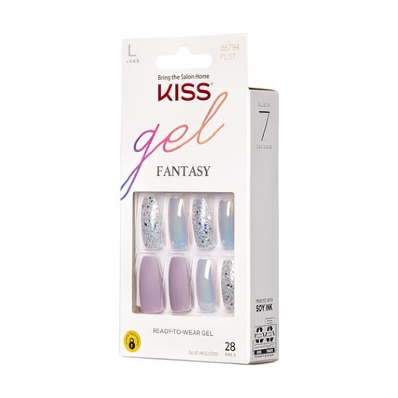 KISS Gel Fantasy Collection Fake Nails Manicure Set Rainbow Rings Long Length Coffin Shaped Purple Gel Nails with Mini