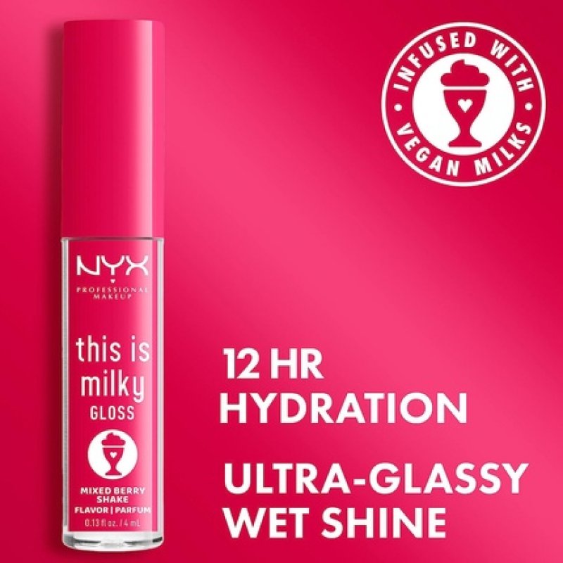 NYX Professional Makeup This Is Milky Gloss 12 Hour Hydration Vegan Mixed Berry Shake Lip Gloss Raspberry Scented