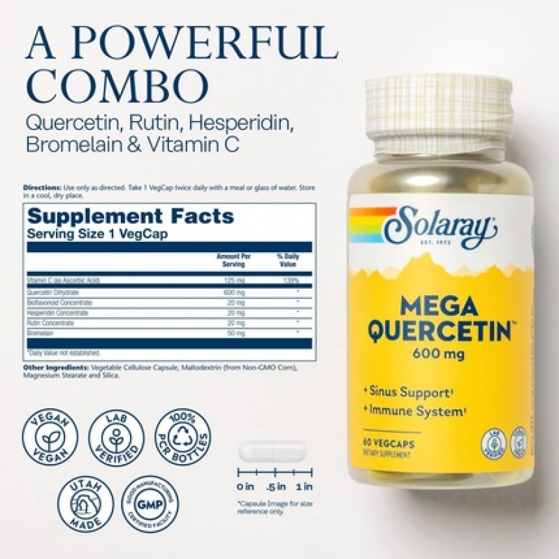 SOLARAY Mega Quercetin Healthy Cells Heart Circulatory Respiratory System Support Bioflavonoids AMPK Activator Non-GMO