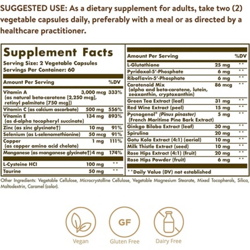 Solgar Advanced Antioxidant Formula 120 Vegetable Caps - Full Spectrum Antioxidant Support - Contains Zinc, Vitamin C,