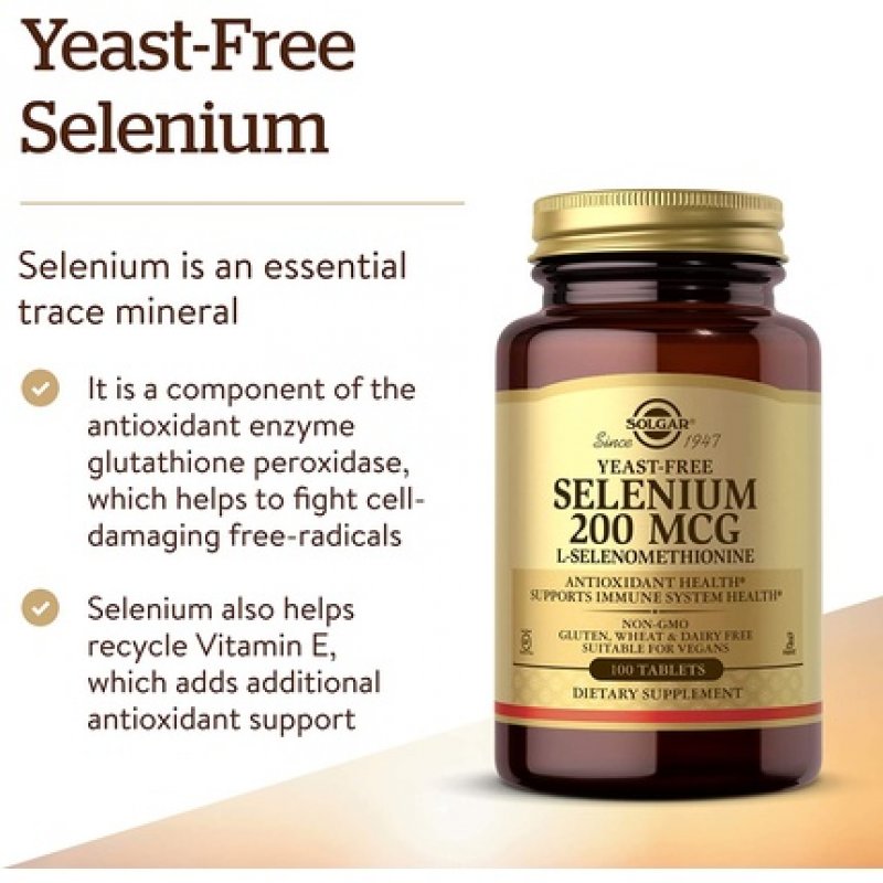Solgar Yeast-Free Selenium 200mcg 100 Tablets - Supports Antioxidant and Immune System Health - Non-GMO Vegan Gluten