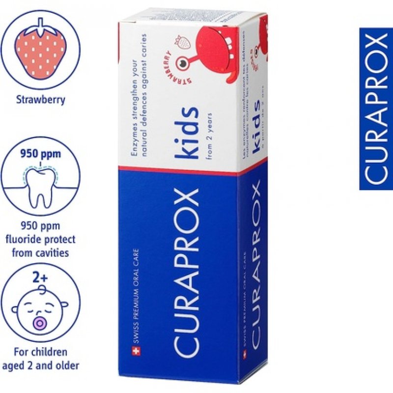 Curaprox Kids Strawberry Toothpaste for Children 2-6 Years Old 950ppm Fluoride RDA 40 Red 60ml