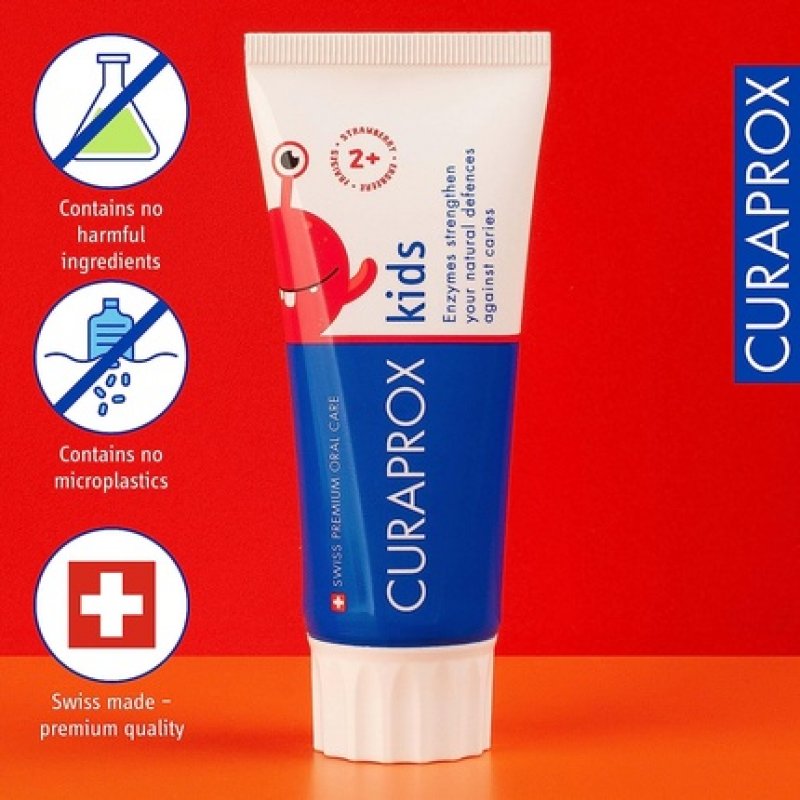 Curaprox Kids Strawberry Toothpaste for Children 2-6 Years Old 950ppm Fluoride RDA 40 Red 60ml