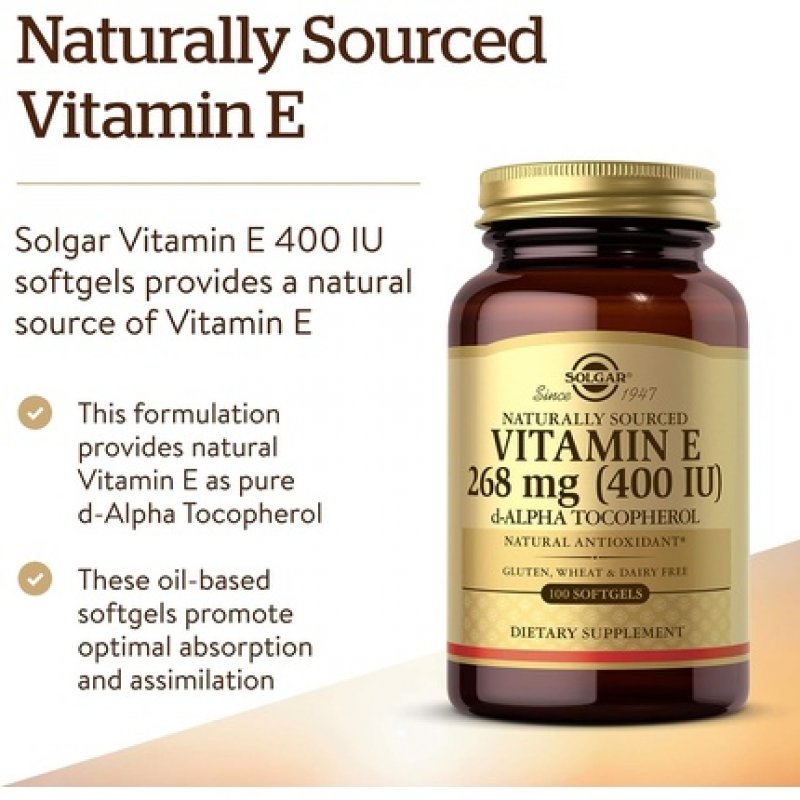 Solgar Natural Source Vitamin E 268mg Softgels - Pack of 100 - Protects Cells From Oxidative Stress - Immune System