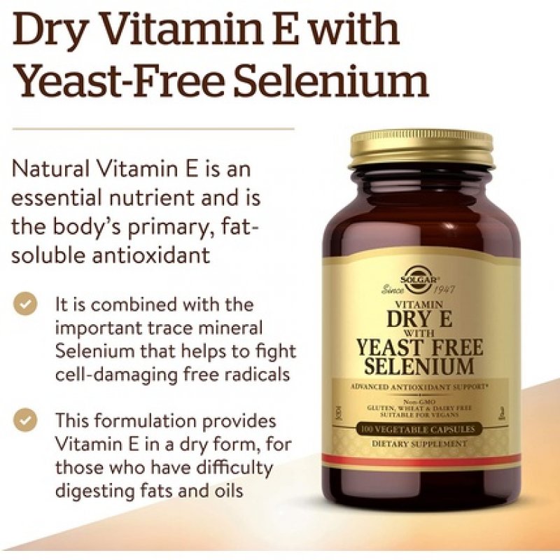 Solgar Vitamin E with Yeast Free Selenium Vegetable Capsules 100 Capsules - Hair and Nails - Vegan