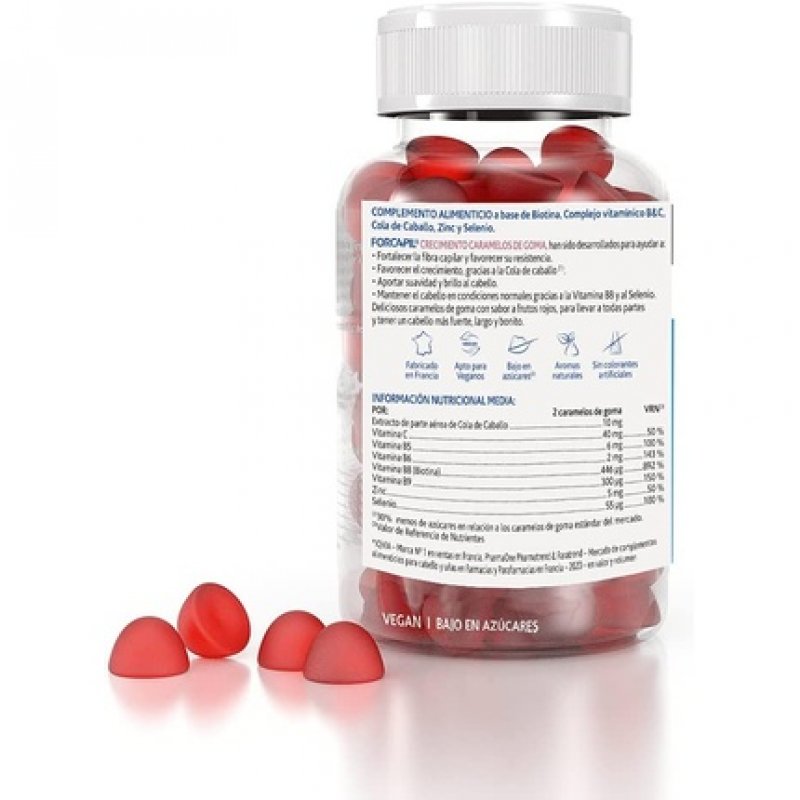 Arkopharma Forcapil Growth 60 Gummies - High Concentration of Biotin, Vitamins B and C - Red Fruits for Strength,