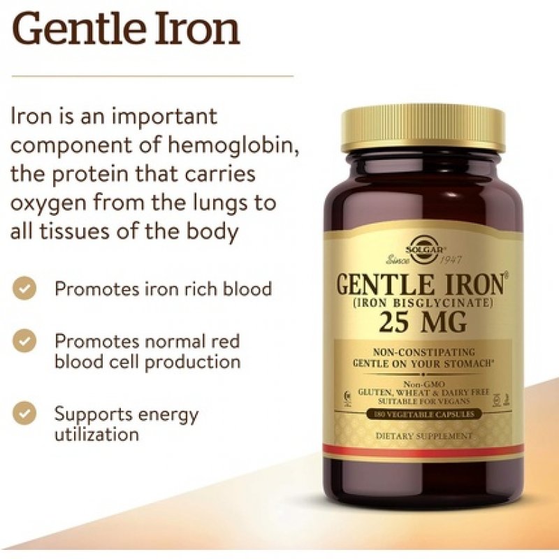 Solgar Gentle Iron 20mg Vegetable Capsules Reduces Constipating Effects Gentle on the Stomach Vegan and Gluten Free