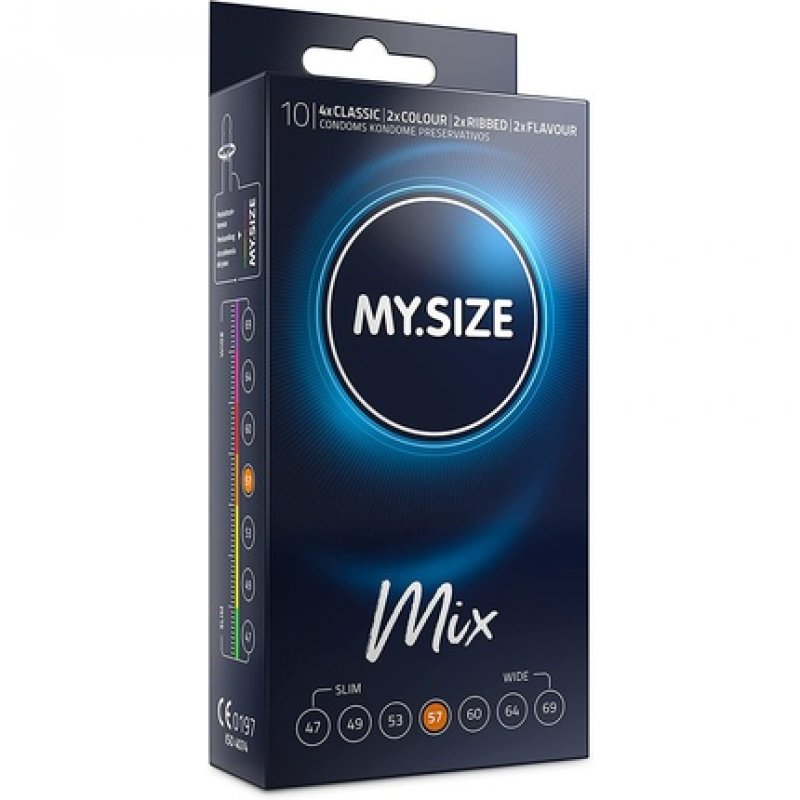 MY.SIZE Mix Condoms Flavoured, Coloured, Ribbed & Classic 57mm Size 4 - Pack of 10