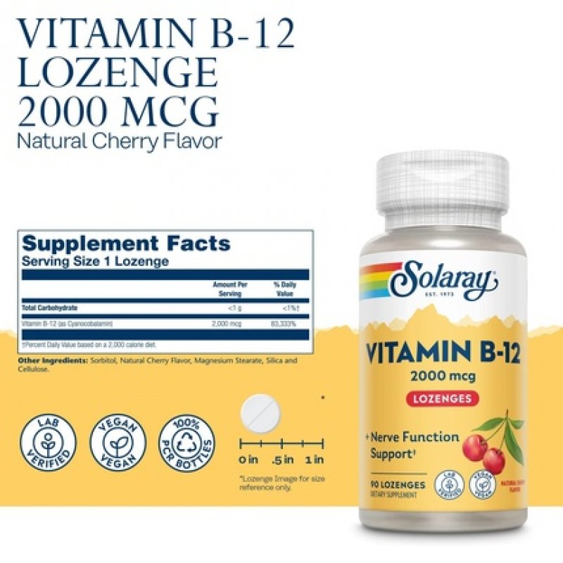 Solaray Vitamin B-12 2000mcg Natural Cherry Flavor Healthy Energy & Red Blood Cell Support 90 Lozenges
