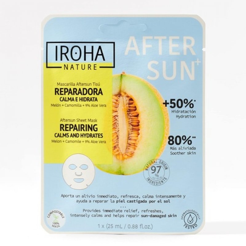 Iroha Nature Aftersun Face Mask for Repair, Soothing, and Moisturizing the Skin after Sun Exposure with Melon,