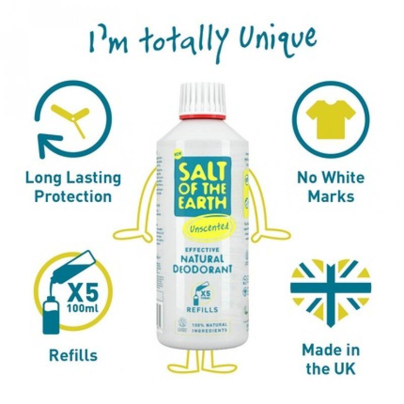 Salt Of The Earth Natural Refillable Deodorant Spray Unscented Vegan Long-Lasting Protection - 500ml
