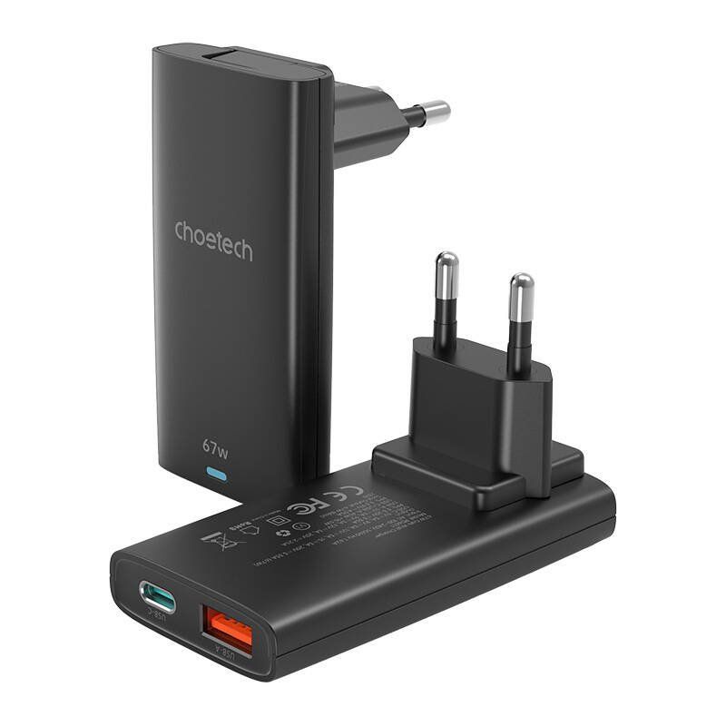 Mini travel wall charger Choetech PD6011 PD65W GaN slim USB-A C (black)
