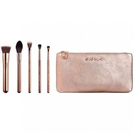 Sigma Beauty Iconic Rose Gold Brush Set with Makeup Bag - Travel Size Set of 5 Brushes