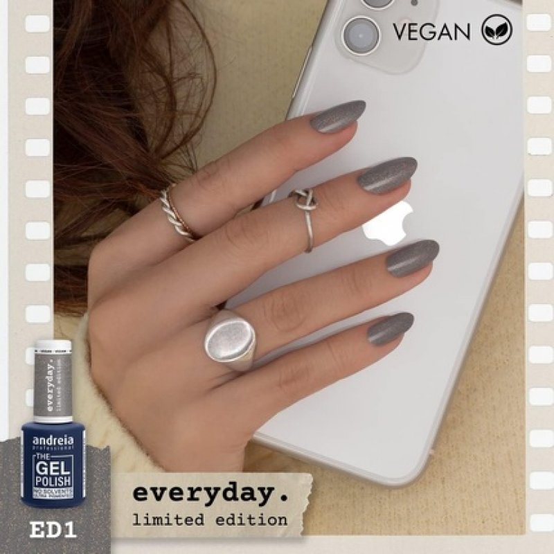 Andreia Professional The Gel Polish Solvent Free Gel Limited Collection Color ED1 Grey with Gold Shimmer